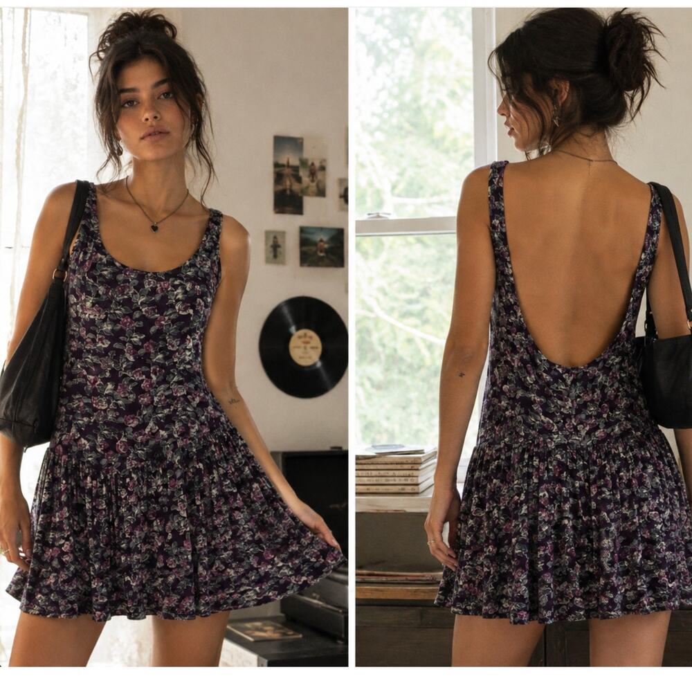 Brandy Melville Ditsy Floral Mini Dress One Size Low Back 90s Y2K Grunge Purple